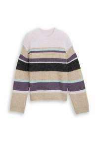 Pull en tricot à texture côtelée, présentant des rayures horizontales en rose, beige, violet, noir et bleu clair. Encolure ronde et manches longues.