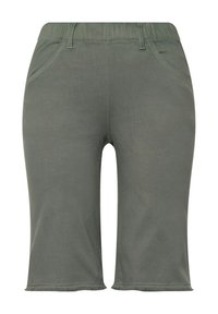 Pantalones cortos verdes, hasta la rodilla, hechos de una tela suave, con una cintura elástica, cinturillas y bolsillos cosidos para un detalle funcional.