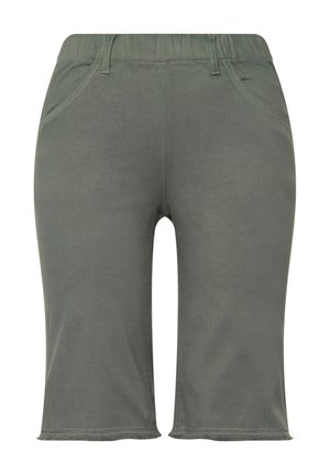 Zielone, szorty do kolan wykonane z miękkiego materiału, z elastyczną talią, pętelkami na pasek i przeszytymi kieszeniami dla funkcjonalności.