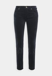 Pantalon en velours côtelé noir, coupe ajustée, avec poches avant, passants pour ceinture et fermeture par bouton à la taille.