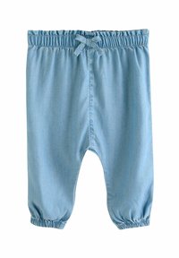 Hellblaue Denim-Hose mit elastischem Bund und einer vorn gebundenen Schleife. Die Bündchen sind gerafft, was eine lockere Passform und eine glatte Textur verleiht.