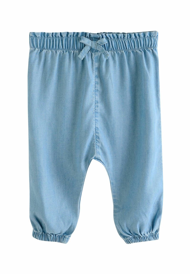 Hellblaue Denim-Hose mit elastischem Bund und einer vorn gebundenen Schleife. Die Bündchen sind gerafft, was eine lockere Passform und eine glatte Textur verleiht.