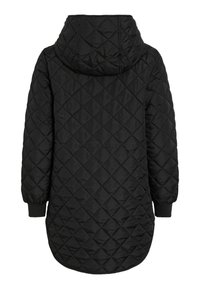 Črna prešita jakna s kapuco, ki ima diamantni vzorec, dolge rokave in okrogel rob. Narejena iz lahkega, vodoodpornega materiala.