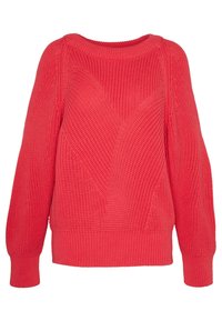 Pull rouge en tricot avec manches ballon longues, poignets et base côtelés, et un motif chevron texturé à l'avant.