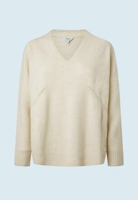 Beige knitted sweater with a V-neck, long sleeves, and ribbed cuffs. Features a relaxed fit and subtle side seam detail.