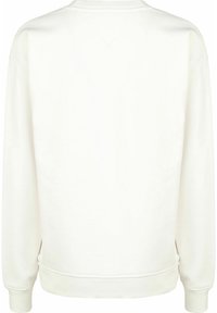 Vit sweatshirt av mjukt tyg med långa ärmar, ribbade muddar och rund halsringning. Inga synliga grafik eller dekorationer.