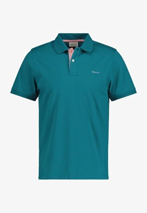 T-Shirt in Teal mit pinkem Kragen. Verfügt über eine Zwei-Knopf-Leiste und ein Logo auf der linken Seite. Hergestellt aus glattem, leichtem Material.