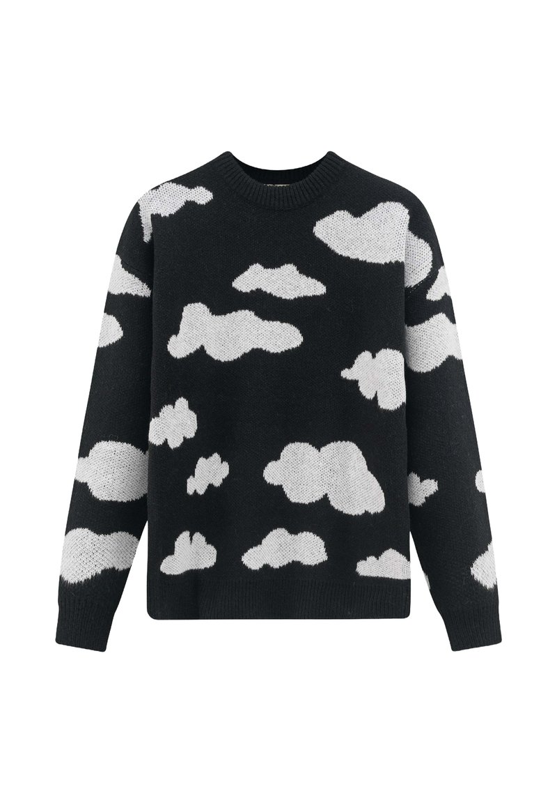 Pull noir avec des motifs de nuages blancs, col rond, manches longues et une finition en maille texturée. Coupe décontractée.