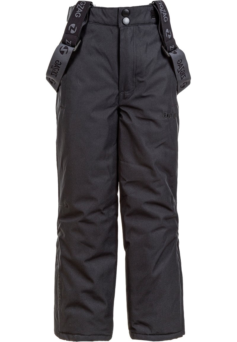 Sorte isolerede bukser med justerbare seler, der har et vandtæt materiale, lommer og en glat tekstur for varme og komfort.