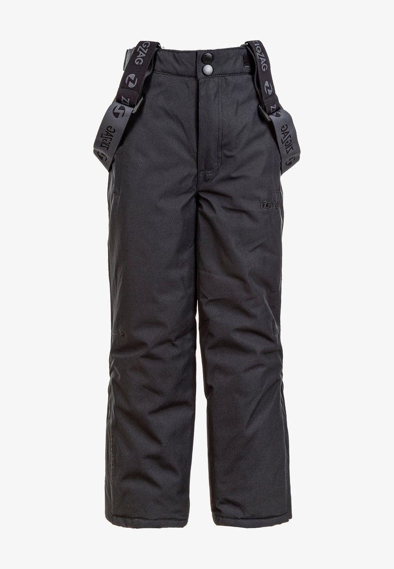 Zwarte geïsoleerde broek met verstelbare bretels, gemaakt van waterdicht materiaal, met zakken en een gladde textuur voor warmte en comfort.