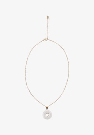 Finom aranylánc nyaklánc kör alakú, fehér kerámia fánk alakú medállal, közepén egy kis arany körrel.