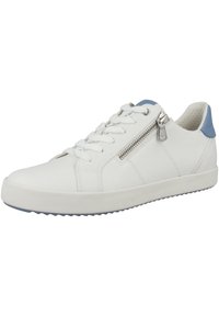 White leather sneaker with blue heel accent, textured sole, and functional side zipper. Features traditional lace-up design and minimal stitching.