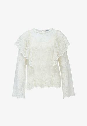 Top de encaje blanco con mangas largas y acampanadas, bordes en forma de ondas y un escote redondo con cierre en forma de ojal en la parte posterior.