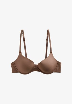 Brūns polsterēts krūšturis ar regulējamām siksnām. Gluda auduma, bezšuvju krūšu kausi un aizdare aizmugurē. Vienkāršs, minimālistisks dizains.