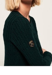 Grüner gestrickter Pullover mit Zopfmuster, ausgestattet mit einem Logo-Patch am linken Ärmel. V-Ausschnitt und strukturierter Stoff.