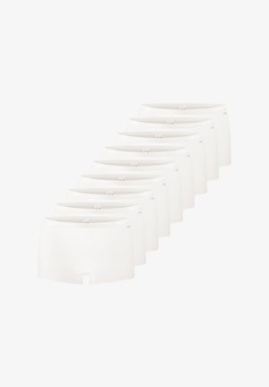 Weiße Baumwoll-Boxershorts in einer Reihe gestapelt, mit einem flachen Bund und einem kleinen Markenlogo auf der Vorderseite. Insgesamt zehn Stück.