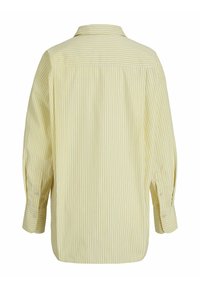 Camicia a righe di un giallo chiaro con sottili linee bianche. Presenta un colletto, maniche lunghe e una vestibilità comoda. Tessuto morbido con una superficie liscia.