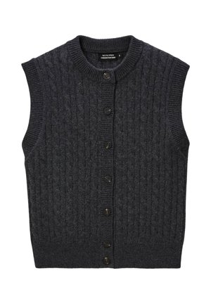 Cardigan sans manches gris foncé en tricot texturé, doté d'un col en côtes et de six boutons sombres sur le devant.