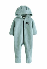Hellblauer Stoff-Overall mit einem strukturierten geometrischen Muster, Reißverschluss, zwei Bärenohr-Akzenten an der Kapuze und Füßchen-Design.