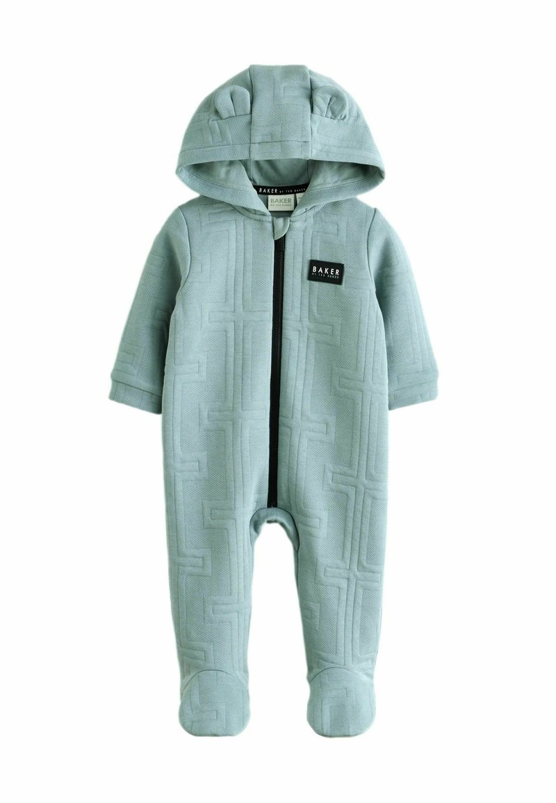 Hellblauer Stoff-Overall mit einem strukturierten geometrischen Muster, Reißverschluss, zwei Bärenohr-Akzenten an der Kapuze und Füßchen-Design.