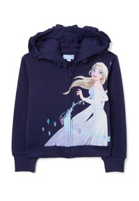 Sweat à capuche zippé bleu marine avec une capuche doublée. Il présente un graphique d'un personnage en robe fluide, accompagné de motifs de flocons de neige et de diamants.