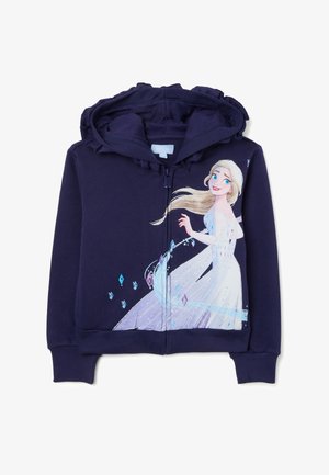 Marinefarbener Zip-Hoodie mit gefütterter Kapuze. Mit einem grafischen Motiv eines Charakters in einem fließenden Kleid sowie Schneeflocken- und Diamantmustern.