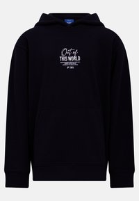 Felpa nera con cappuccio e coulisse, tasca frontale e design di testo bianco che recita "Fuori da QUESTO MONDO" insieme ai dettagli del marchio.