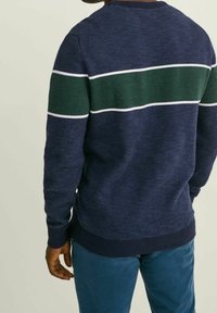 Mörkblå stickad tröja med ett grönt horisontellt rand och vita detaljer. Texturerat tyg med ribbad krage och ärmslut.