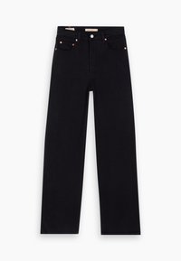 Jean noir à coupe droite avec cinq poches, fermeture par bouton et détails de rivets en cuivre sur fond blanc.