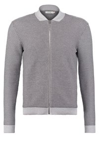 Gray and white striped knit cardigan with a zippered front, ribbed collar, cuffs, and hem; features a textured fabric pattern.