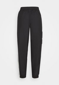 Black track pants made of lightweight material, featuring an elastic waistband, side pockets, and contrasting white side stripes.