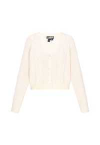 Lichtcrème cropped cardigan met een textuur kabelbreisel ontwerp, V-hals, lange mouwen en zes knopen aan de voorkant.