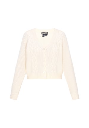 Lys crema cropped cardigan med et struktureret kabelstrikdesign, v-hals, lange ærmer og seks forreste knapper.