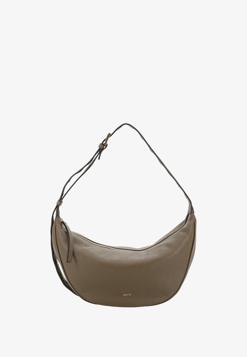 Olive-green leather shoulder bag with a curved shape, textured exterior, and a thin shoulder strap featuring a contrasting detail. Zipper closure.