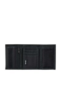 Cartera negra tríptica con múltiples ranuras para tarjetas, un bolsillo para monedas con cremallera, compartimentos de malla y una etiqueta de la marca Rip Curl.