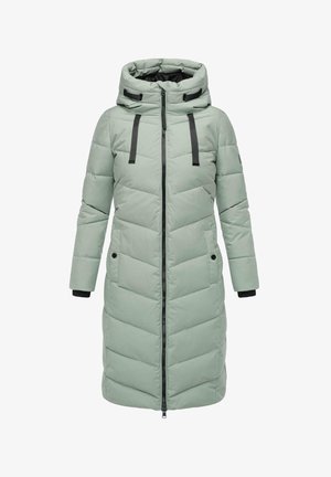 Hellgrüner, langer Puffer-Mantel mit gestepptem Muster, Reißverschluss vorne, verstellbare Kapuze und schwarzen Hardware-Akzenten. Verfügt über Seitentaschen.