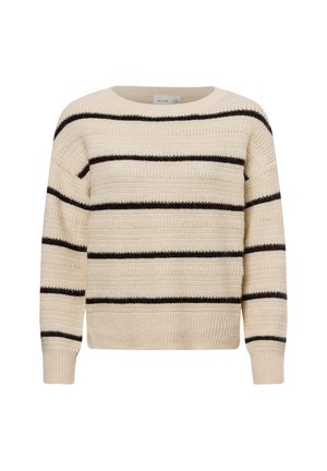 Gestreifter Pullover in Creme mit schwarzen horizontalen Streifen. Hat einen runden Ausschnitt und lange Ärmel, gefertigt aus strukturiertem Strickmaterial.