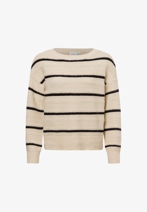 Gestreifter Pullover in Creme mit schwarzen horizontalen Streifen. Hat einen runden Ausschnitt und lange Ärmel, gefertigt aus strukturiertem Strickmaterial.