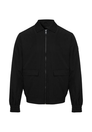 Veste noire en tissu doux, avec une fermeture éclair à l'avant, un col, deux poches avant et des poignets élastiques pour un ajustement confortable.