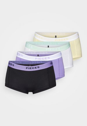 Ensemble de cinq paires de boxer en noir, lavande, vert menthe, blanc et jaune. Comprend un tissu doux et une taille élastique avec le logo "PIECES".