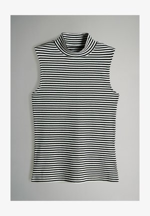 Schwarz-weiße gestreifte ärmellose Bluse mit hohem, geripptem Kragen. Der Stoff hat ein strukturiertes Aussehen mit schmalen horizontalen Streifen.