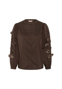 Brown button-up shirt with a round neckline, puffed long sleeves, and fabric floral appliqués on sleeves, made from smooth cotton material.