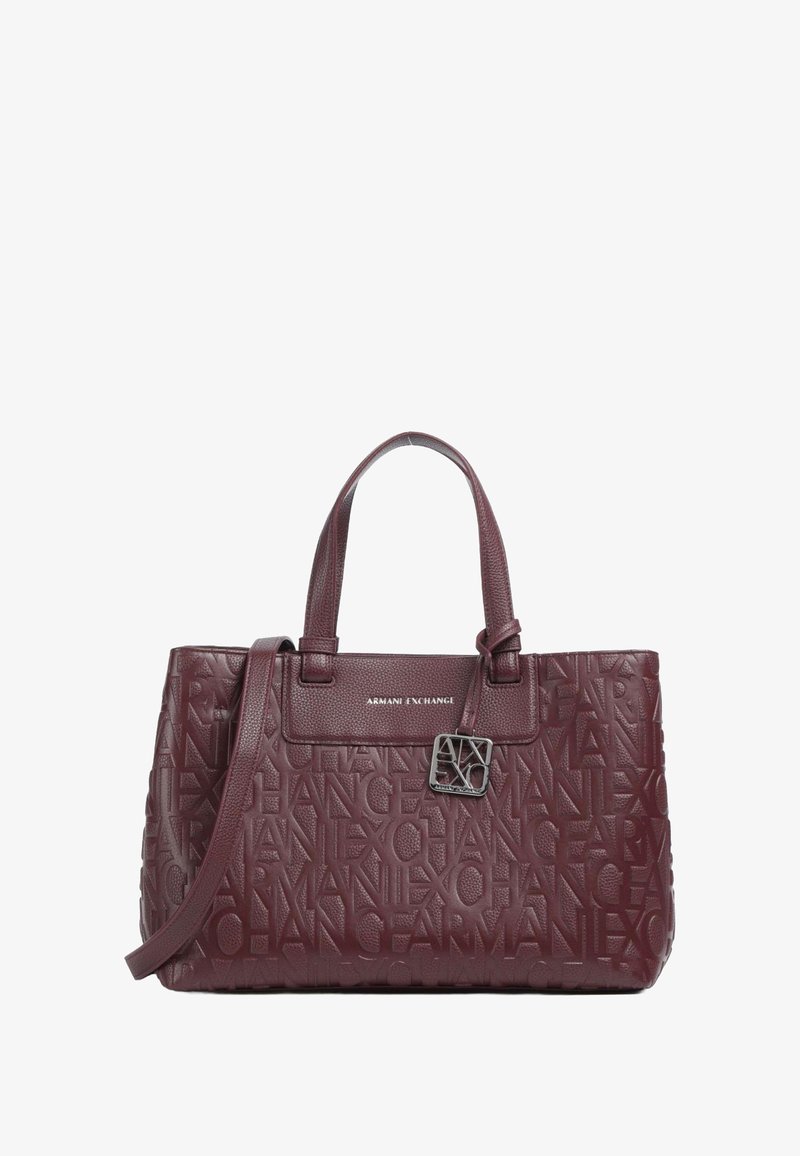 Borsa in pelle bordeaux con motivo a logo in rilievo, doppio manico superiore, tracolla rimovibile e dettaglio logo in tonalità argento.