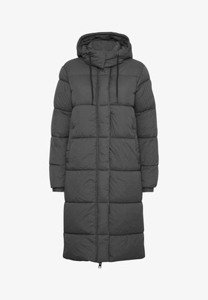 Tumehall puffer jakke kapuutsiga, millel on õmmeldud disain, reguleeritavad nöörid ja allosas tõmblukk.