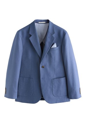 Lyseblå blazer med enkelt knap, slag med hak, to nederste påsatte lommer, brystlomme med hvidt lommetørklæde og knapper på ærmekanterne.