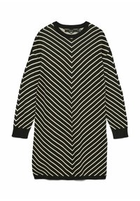 Juoda ir balta dryžuota suknelė su chevrono raštu, ilgomis rankovėmis ir apvalia iškirpte. Pagaminta iš mezgimo audinio su ribotomis rankogaliais.