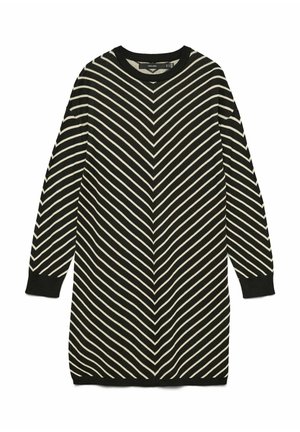 Haljina crno-bijelih pruga s uzorkom cik-cak, dugim rukavima i okruglim izrezom. Izrađena od pletene tkanine s rebrastim manšetama.