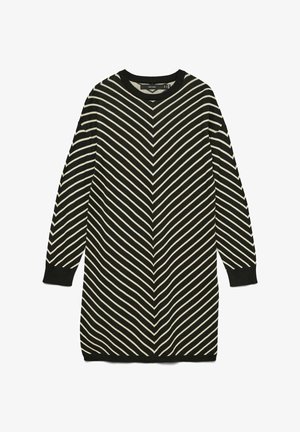 Sukienka w czarno-białe paski z wzorem chevron, długimi rękawami i okrągłym dekoltem. Wykonana z dzianiny z prążkowanymi mankietami.