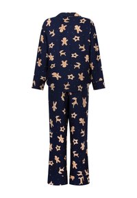 Donkerblauwe pyjama set met een speels patroon van peperkoekmannetjes en rendieren op een sterrenachtergrond. Zacht materiaal met lange mouwen en een lange broek.