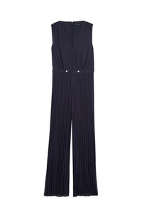 Marine jumpsuit met een geplooid ontwerp, diepe V-hals, mouwloze silhouet en decoratieve knopen bij de taille, gemaakt van zachte stof.